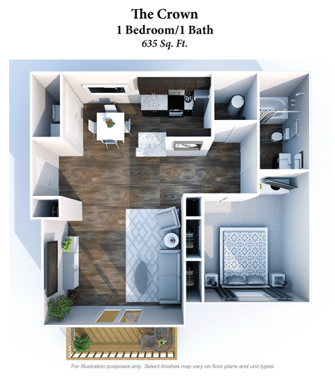 Floor plan for 1 bed, 1 bath, 635 sqft